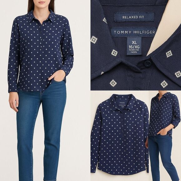 Tommy Hilfiger Women’s Relaxed Fit Button-Front Shirt Blue Diamond Print XL - Picture 1 of 12